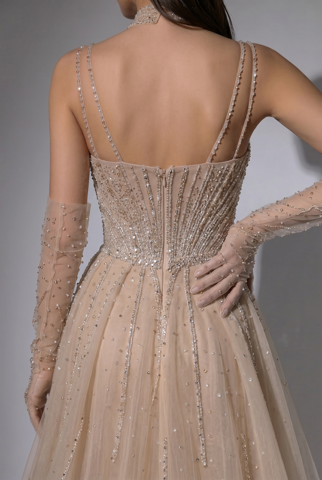 Champagne Beaded Mermaid Evening Gown with Crystal Spaghetti Straps, Detachable Overskirt and Illusion Gloves – Formal Dress Plus Size Size 28W