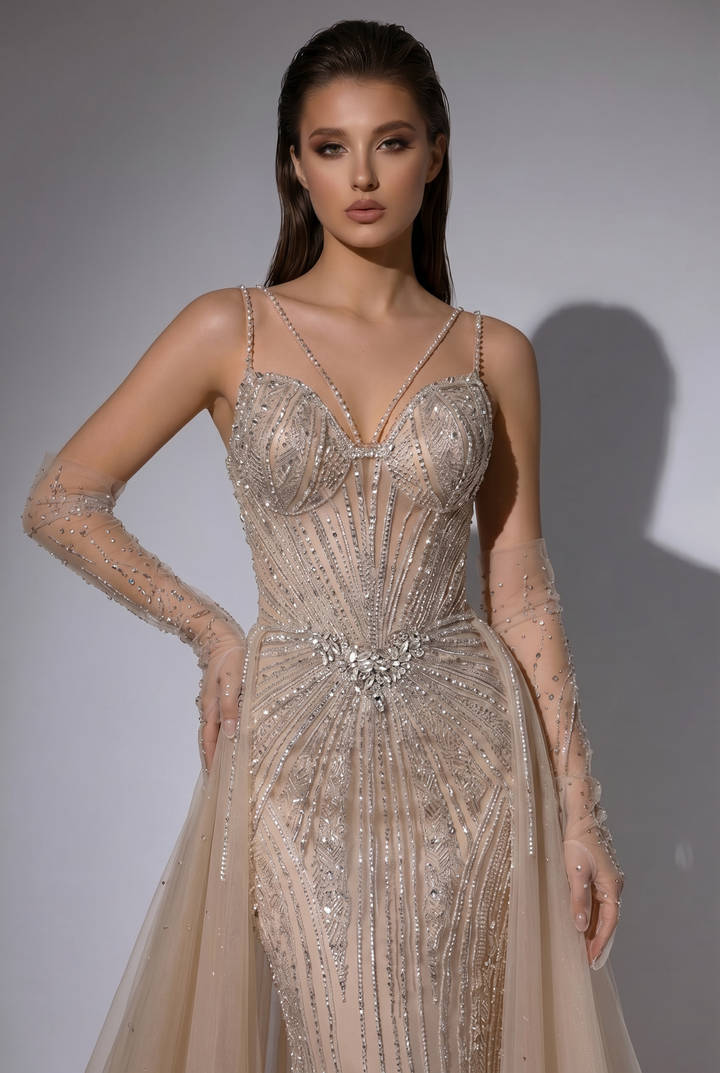Champagne Beaded Mermaid Evening Gown with Crystal Spaghetti Straps, Detachable Overskirt and Illusion Gloves – Formal Dress Plus Size
