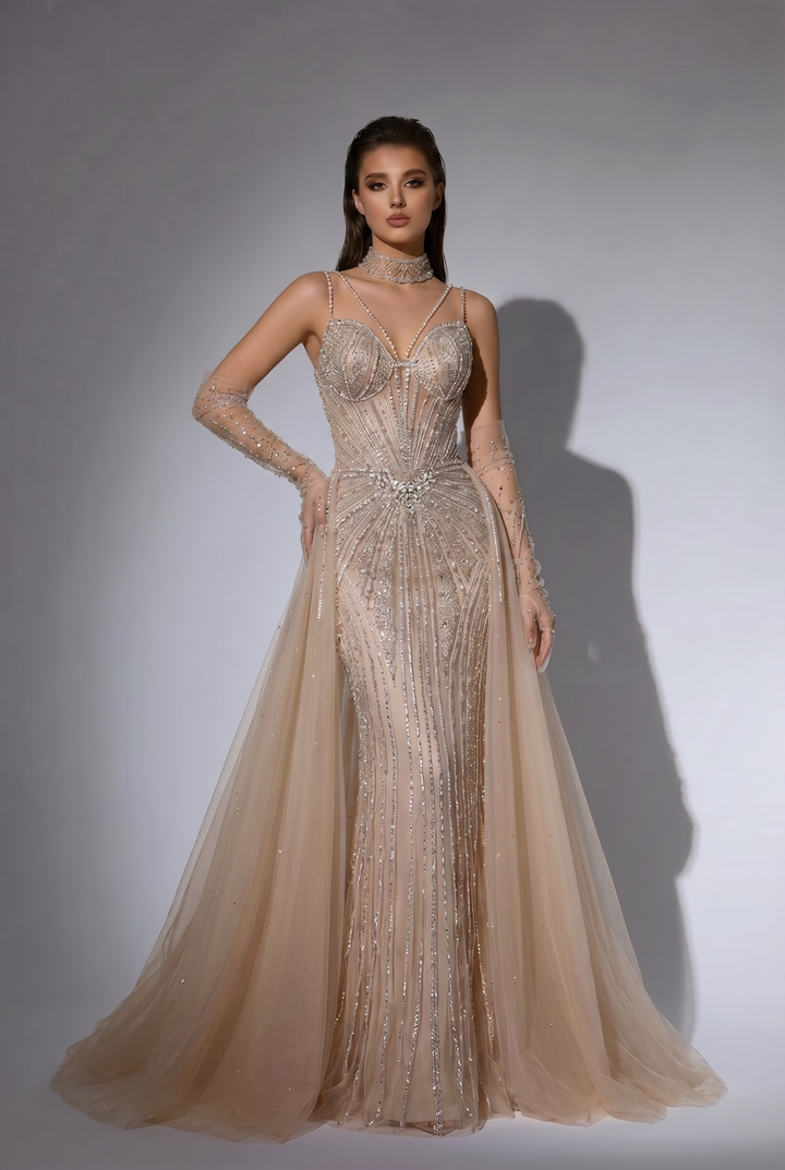 Champagne Beaded Mermaid Evening Gown with Crystal Spaghetti Straps, Detachable Overskirt and Illusion Gloves – Formal Dress Plus Size