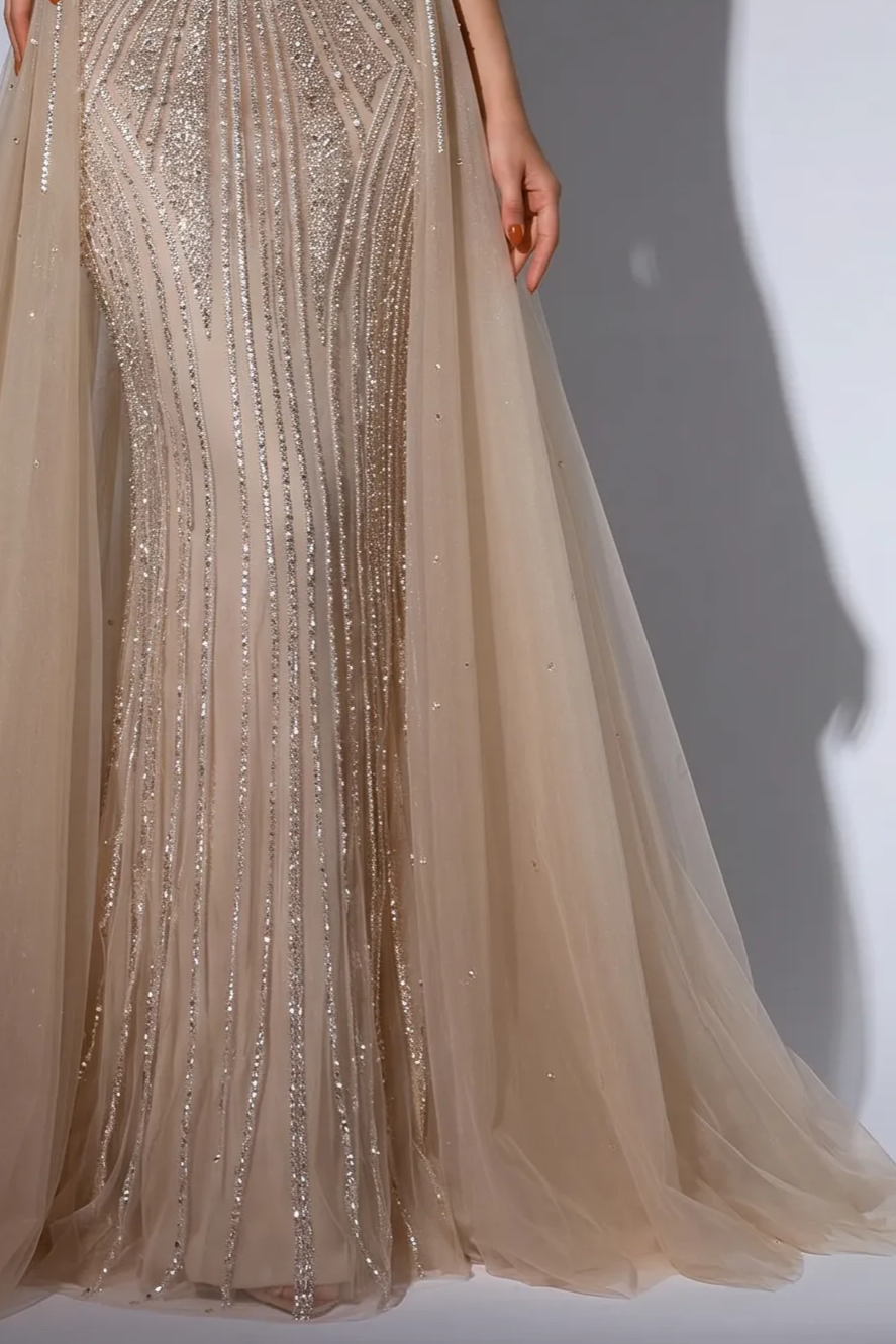 Champagne Beaded Mermaid Evening Gown with Crystal Spaghetti Straps, Detachable Overskirt and Illusion Gloves – Formal Dress Plus Size