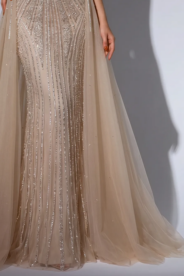 Champagne Beaded Mermaid Evening Gown with Crystal Spaghetti Straps, Detachable Overskirt and Illusion Gloves – Formal Dress Plus Size
