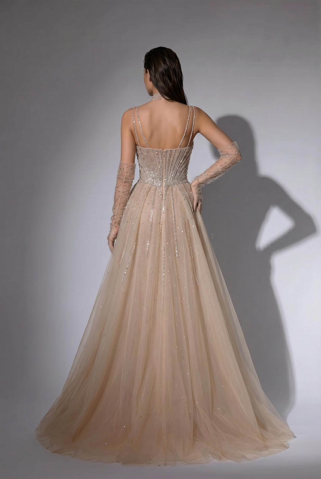 Champagne Beaded Mermaid Evening Gown with Crystal Spaghetti Straps, Detachable Overskirt and Illusion Gloves – Formal Dress Plus Size