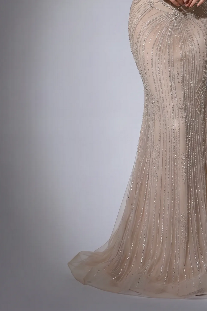 Champagne Beaded Mermaid Evening Gown with Off-the-Shoulder Fringe Sleeves and Illusion Corset Bodice – Luxury Formal Dress Plus Size