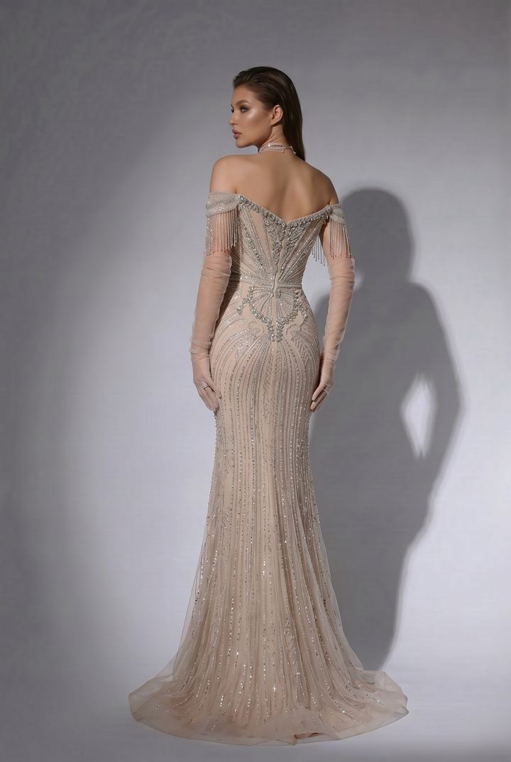 Champagne Beaded Mermaid Evening Gown with Off-the-Shoulder Fringe Sleeves and Illusion Corset Bodice – Luxury Formal Dress Plus Size