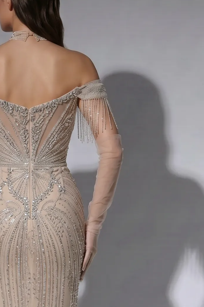 Champagne Beaded Mermaid Evening Gown with Off-the-Shoulder Fringe Sleeves and Illusion Corset Bodice – Luxury Formal Dress Plus Size