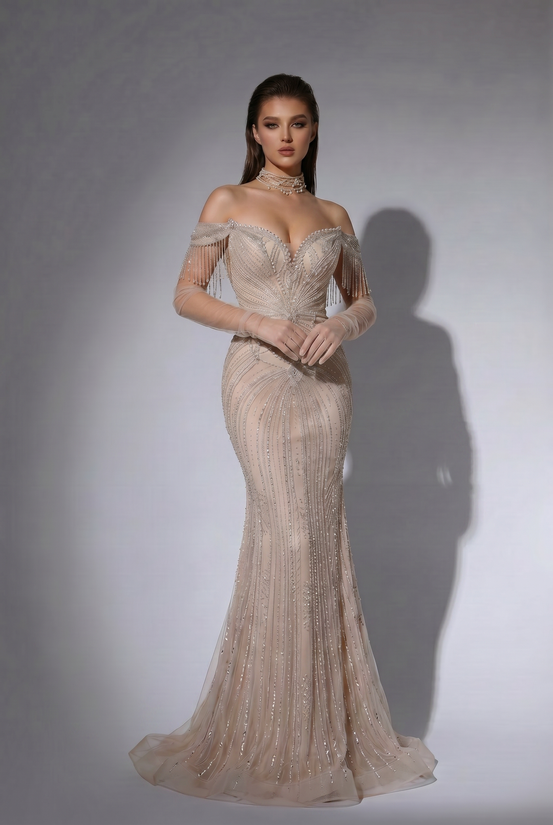 Champagne Beaded Mermaid Evening Gown with Off-the-Shoulder Fringe Sleeves and Illusion Corset Bodice – Luxury Formal Dress Plus Size