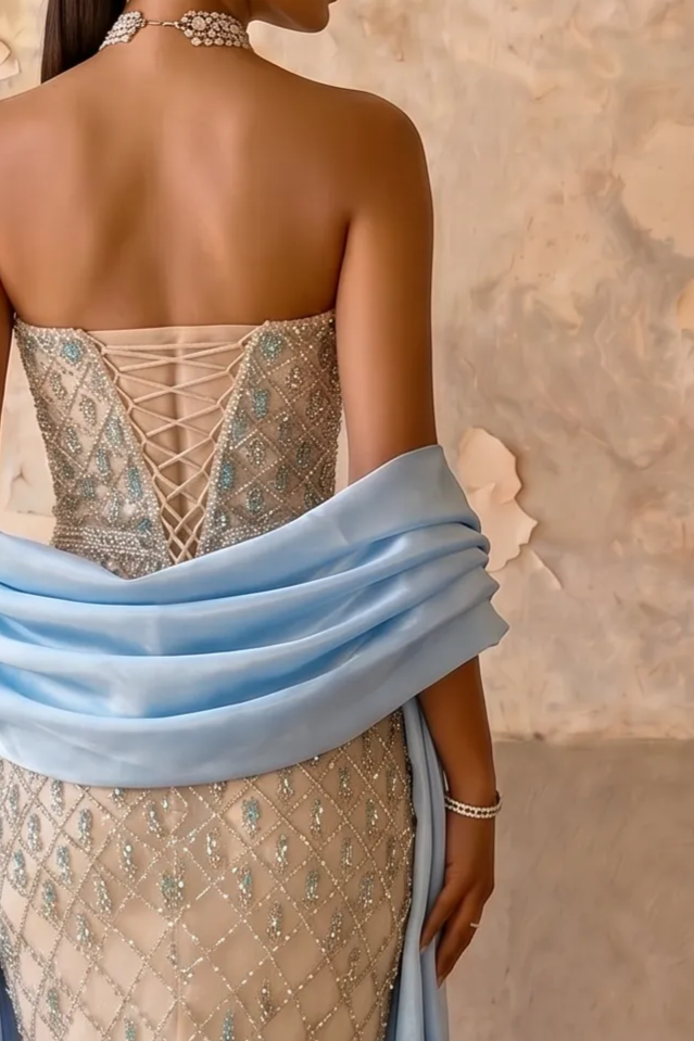 Champagne Beaded Mermaid Evening Gown with Strapless Neckline and Detachable Dusty Blue Satin Shawl – Formal Dress Plus Size