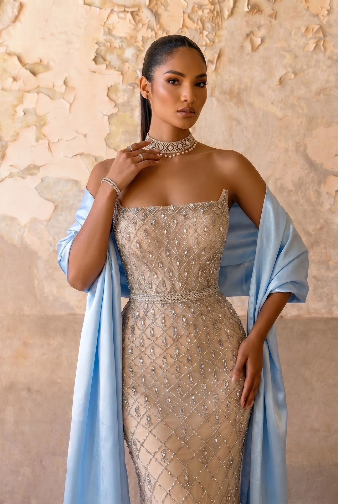 Champagne Beaded Mermaid Evening Gown with Strapless Neckline and Detachable Dusty Blue Satin Shawl – Formal Dress Plus Size