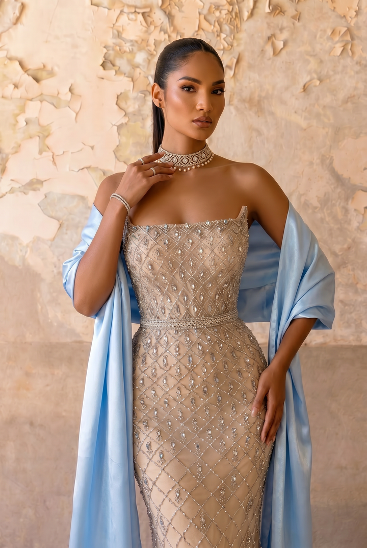 Champagne Beaded Mermaid Evening Gown with Strapless Neckline and Detachable Dusty Blue Satin Shawl – Formal Dress Plus Size