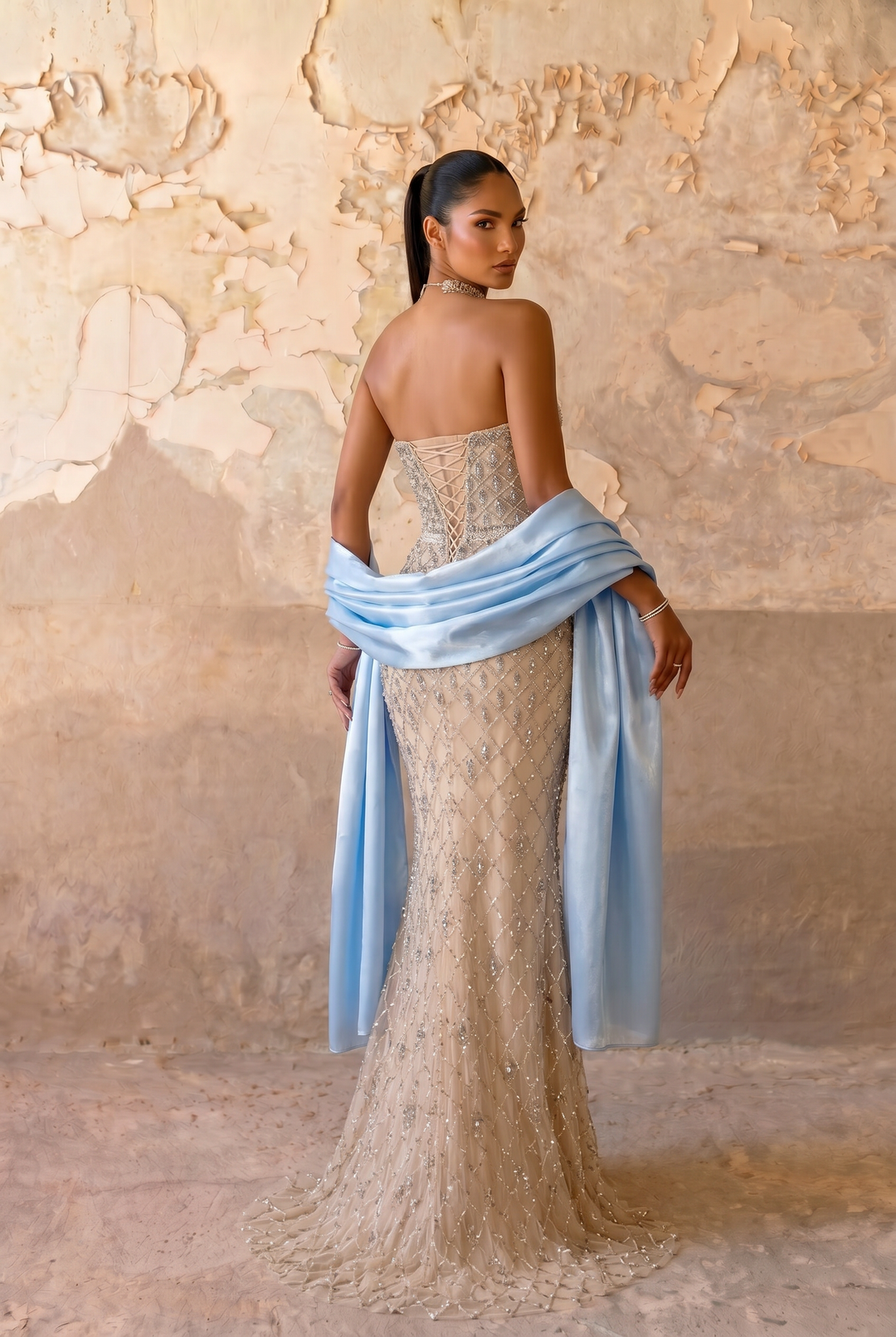 Champagne Beaded Mermaid Evening Gown with Strapless Neckline and Detachable Dusty Blue Satin Shawl – Formal Dress Plus Size