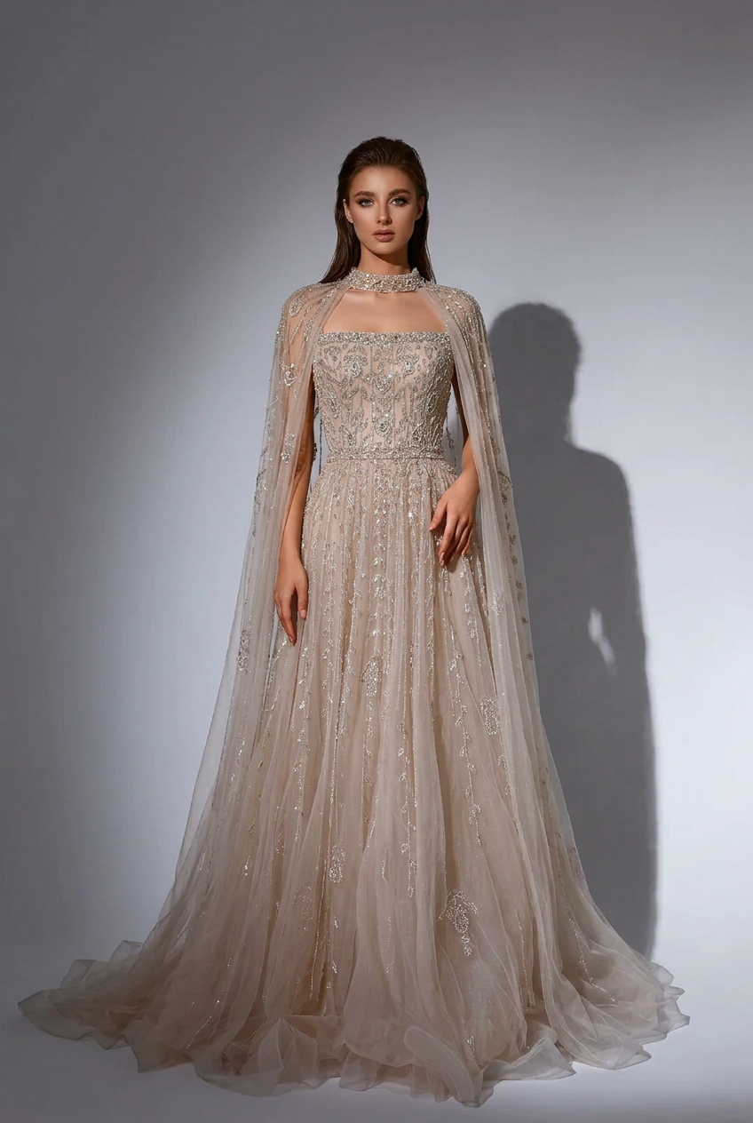 Champagne Convertible Embellished Gown with Cape – Sequin Maxi Dress with Square Neckline Plus Size