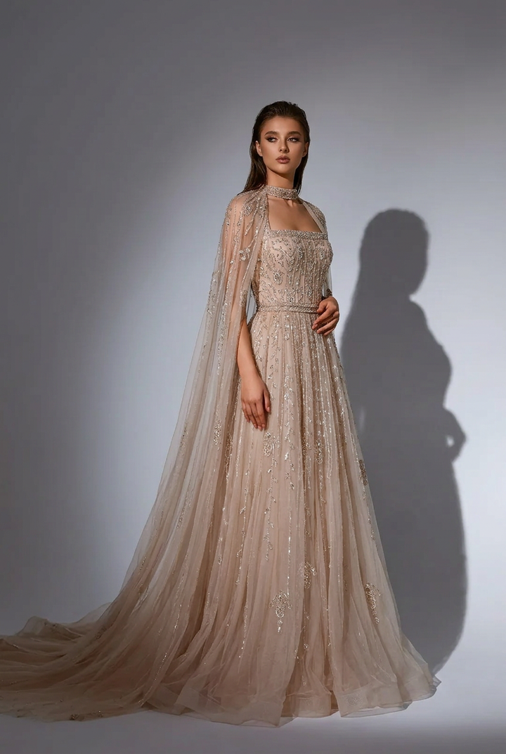 Champagne Convertible Embellished Gown with Cape – Sequin Maxi Dress with Square Neckline Plus Size