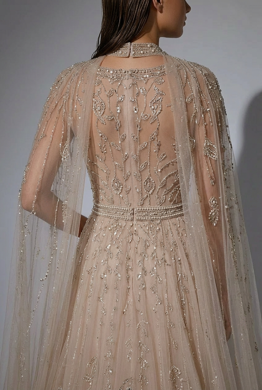 Champagne Convertible Embellished Gown with Cape – Sequin Maxi Dress with Square Neckline Plus Size