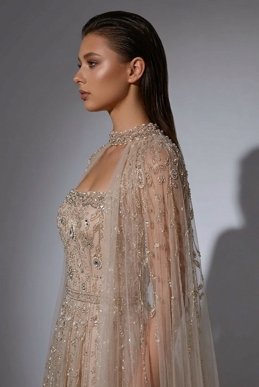 Champagne Convertible Embellished Gown with Cape – Sequin Maxi Dress with Square Neckline Plus Size
