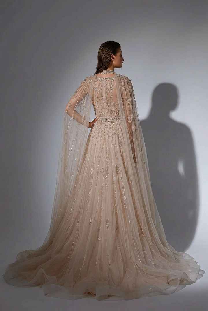 Champagne Convertible Embellished Gown with Cape – Sequin Maxi Dress with Square Neckline Plus Size