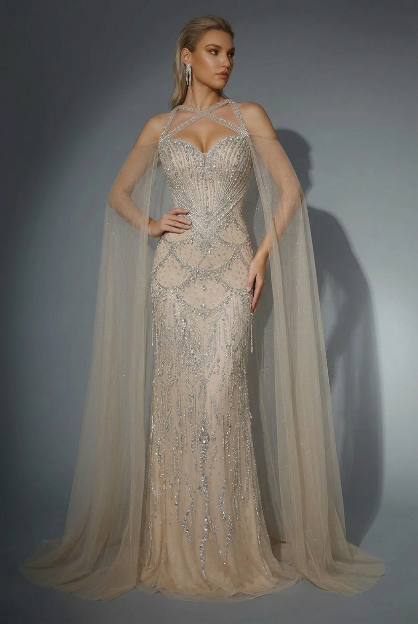 Champagne Embellished Gown with Halter Neckline Illusion Formal Dress with Tulle Plus Size Size 16 / Champagne Champagne Embellished Gown with Halter Neckline Illusion Formal Dress with Tulle Plus Size Size 16 / Champagne