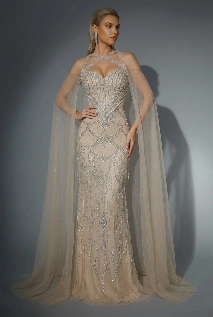 Elegantes Champagner-Abendkleid mit Pailletten und Tüll - Champagner-Kleid für Hochzeitsgäste - Hübsches Paillettenkleid mit langen Ärmeln in Übergröße