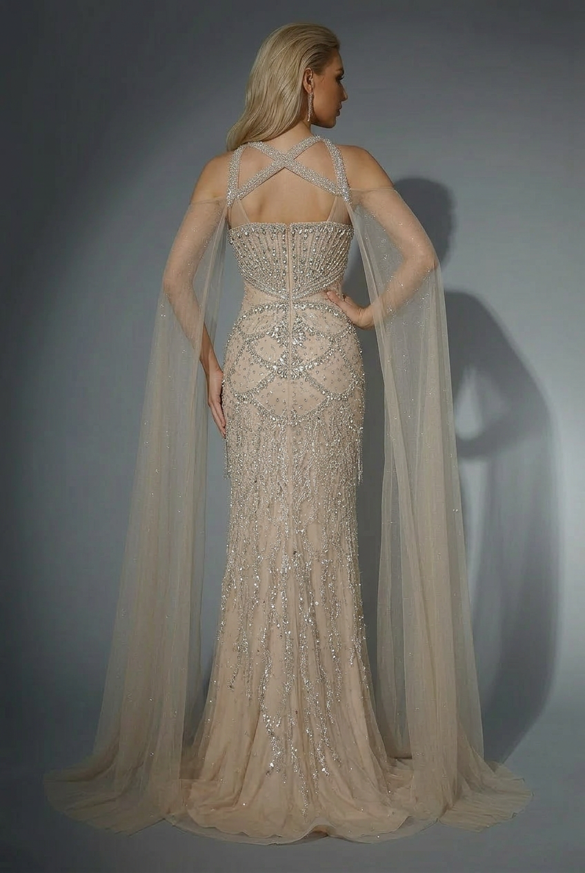 Elegantes Champagner-Abendkleid mit Pailletten und Tüll - Champagner-Kleid für Hochzeitsgäste - Hübsches Paillettenkleid mit langen Ärmeln in Übergröße