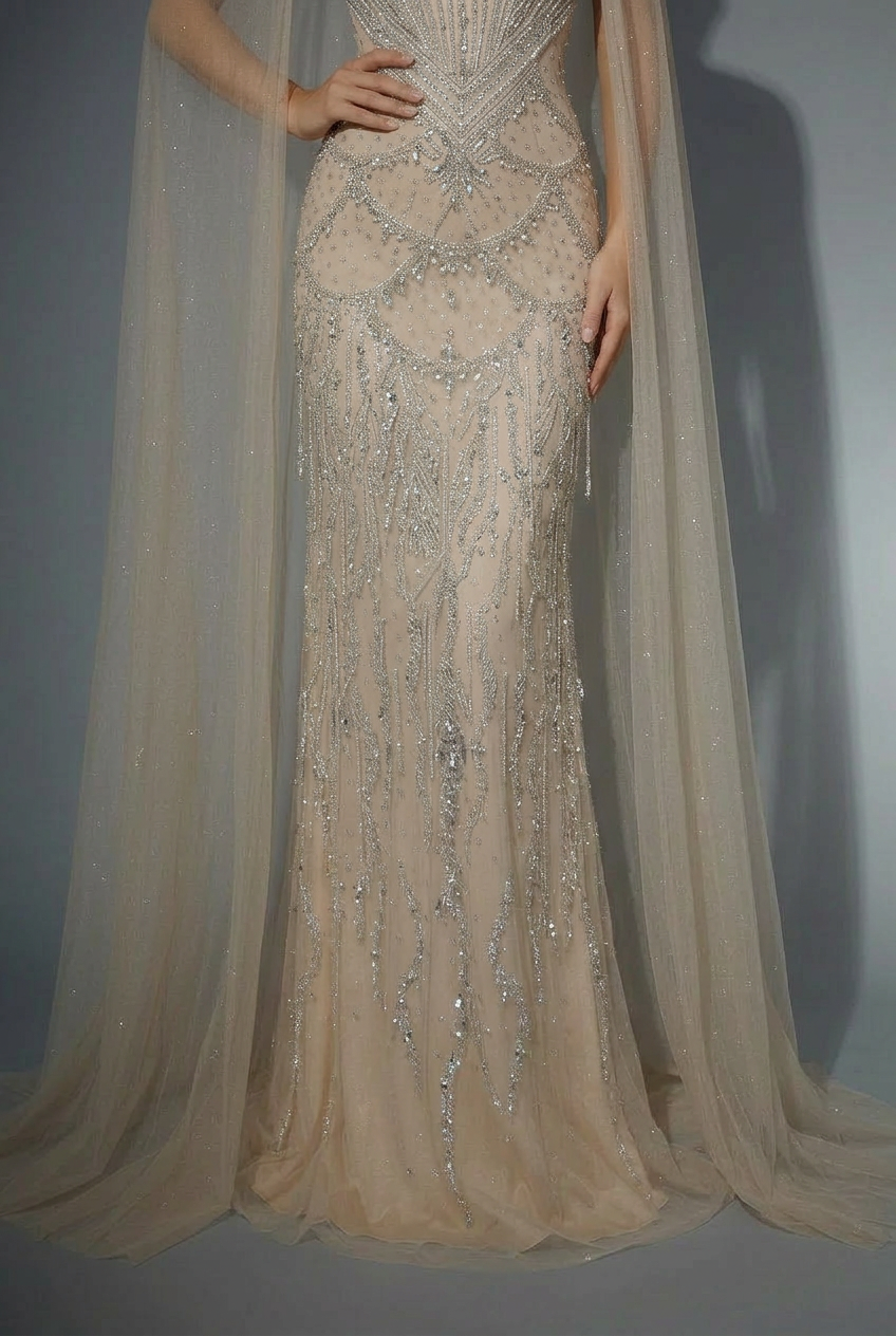 Elegantes Champagner-Abendkleid mit Pailletten und Tüll - Champagner-Kleid für Hochzeitsgäste - Hübsches Paillettenkleid mit langen Ärmeln in Übergröße