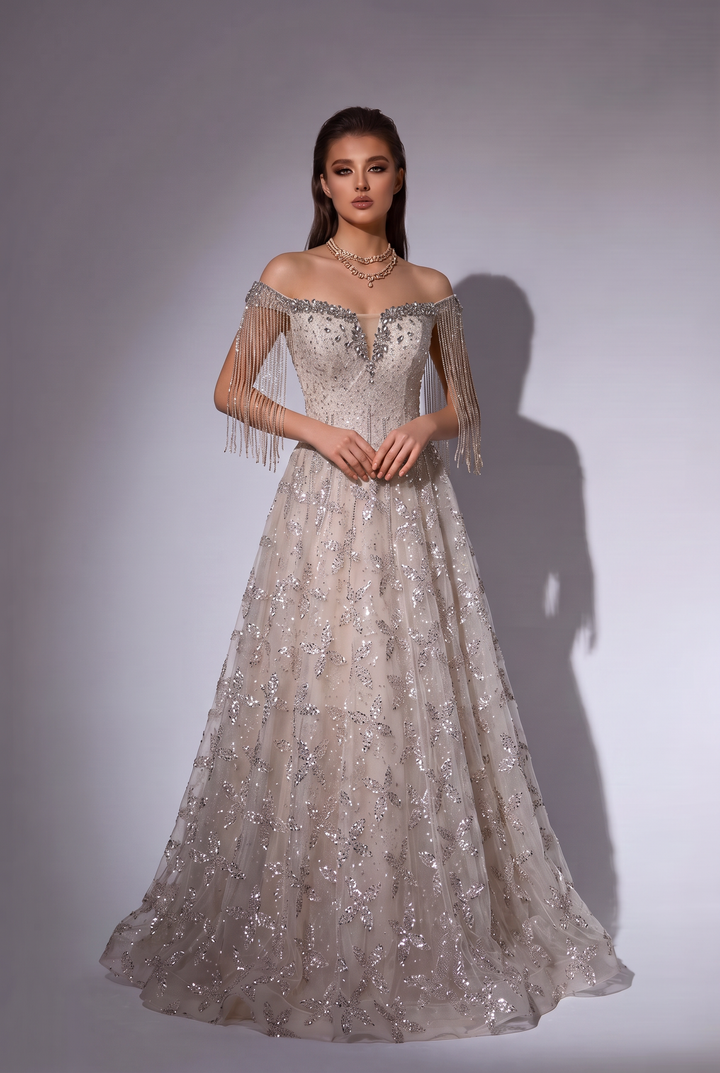 Champagne Glitter Floral Embroidered Off the Shoulder Evening Dress with Beaded Fringe Sleeves – Luxury A-Line Formal Gown Plus Size