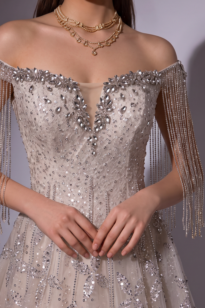 Champagne Glitter Floral Embroidered Off the Shoulder Evening Dress with Beaded Fringe Sleeves – Luxury A-Line Formal Gown Plus Size