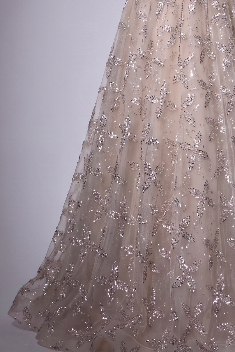 Champagne Glitter Floral Embroidered Off the Shoulder Evening Dress with Beaded Fringe Sleeves – Luxury A-Line Formal Gown Plus Size
