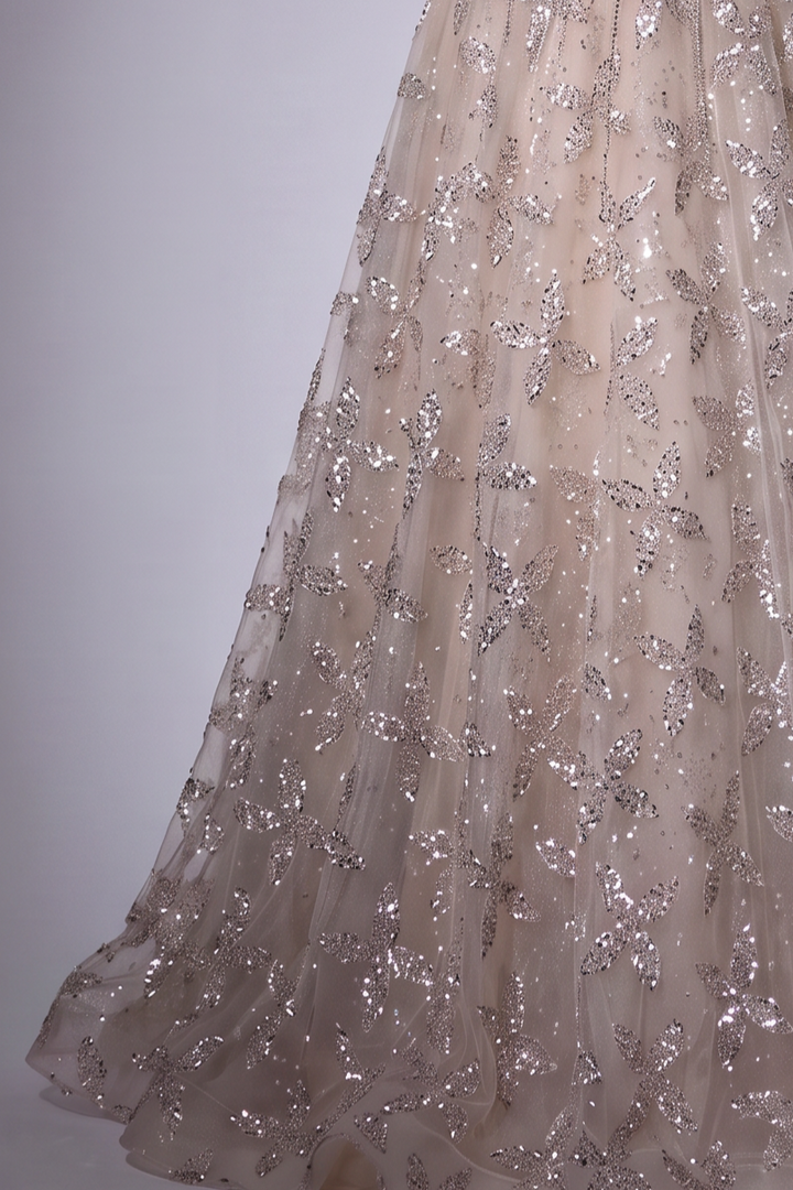 Champagne Glitter Floral Embroidered Off the Shoulder Evening Dress with Beaded Fringe Sleeves – Luxury A-Line Formal Gown Plus Size