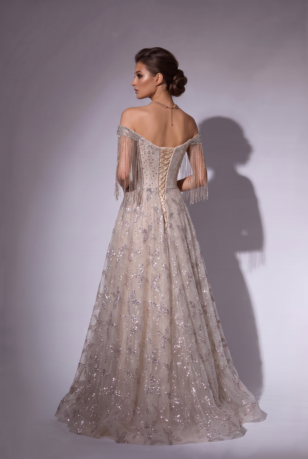 Champagne Glitter Floral Embroidered Off the Shoulder Evening Dress with Beaded Fringe Sleeves – Luxury A-Line Formal Gown Plus Size