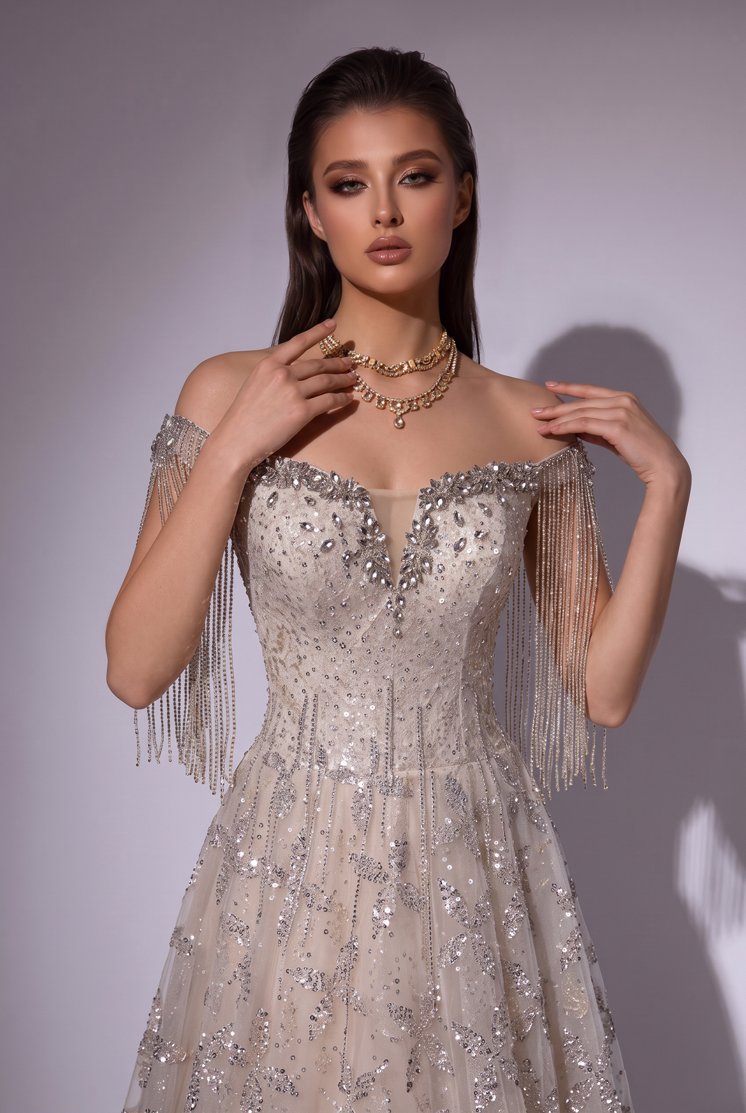 Champagne Glitter Floral Embroidered Off the Shoulder Evening Dress with Beaded Fringe Sleeves – Luxury A-Line Formal Gown Plus Size