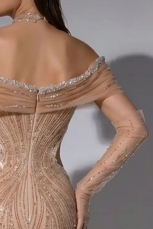 Champagne Gold Mermaid Evening Gown with Off-the-Shoulder Draped Neckline, Crystal Beading and Detachable Gloves Plus Size