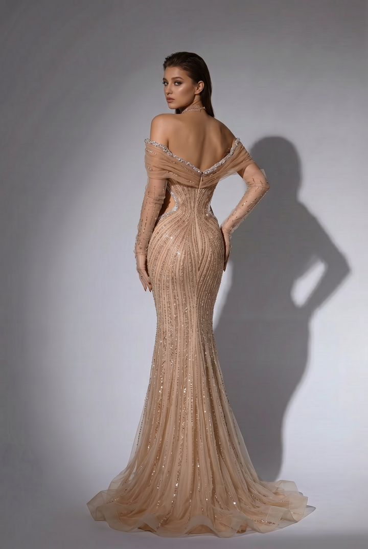 Champagne Gold Mermaid Evening Gown with Off-the-Shoulder Draped Neckline, Crystal Beading and Detachable Gloves Plus Size
