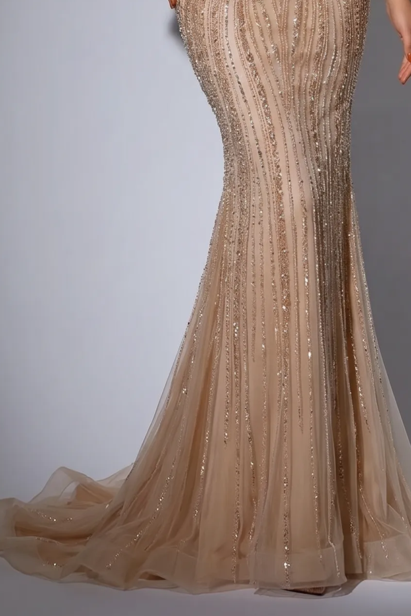 Champagne Gold Mermaid Evening Gown with Off-the-Shoulder Draped Neckline, Crystal Beading and Detachable Gloves Plus Size