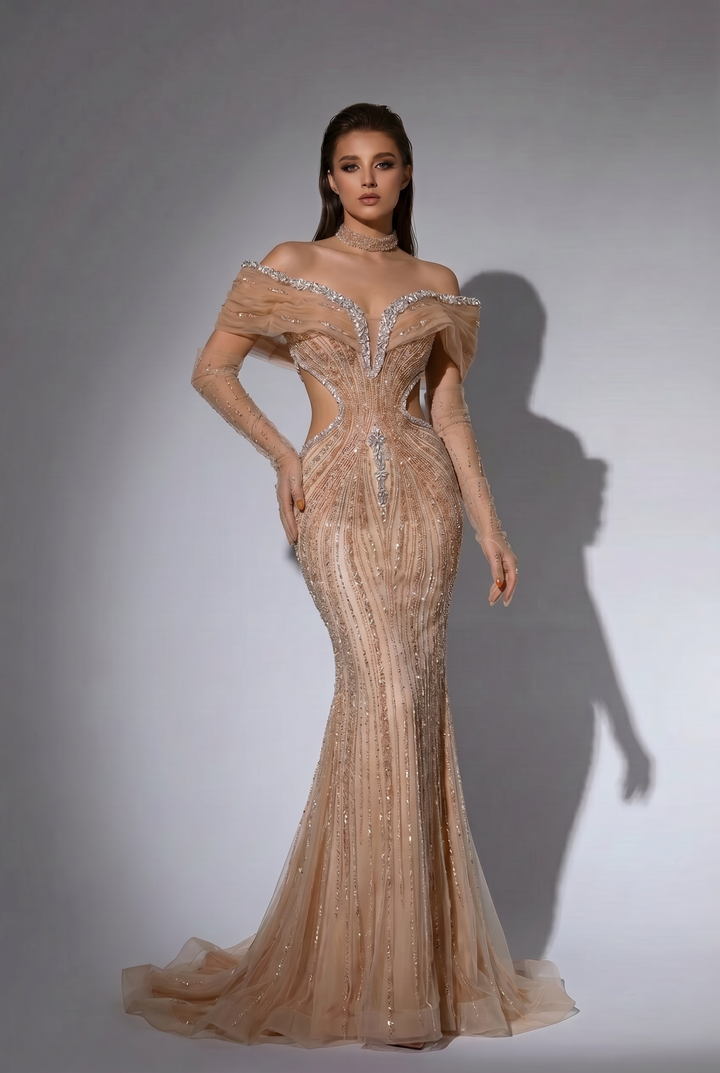 Champagne Gold Mermaid Evening Gown with Off-the-Shoulder Draped Neckline, Crystal Beading and Detachable Gloves Plus Size
