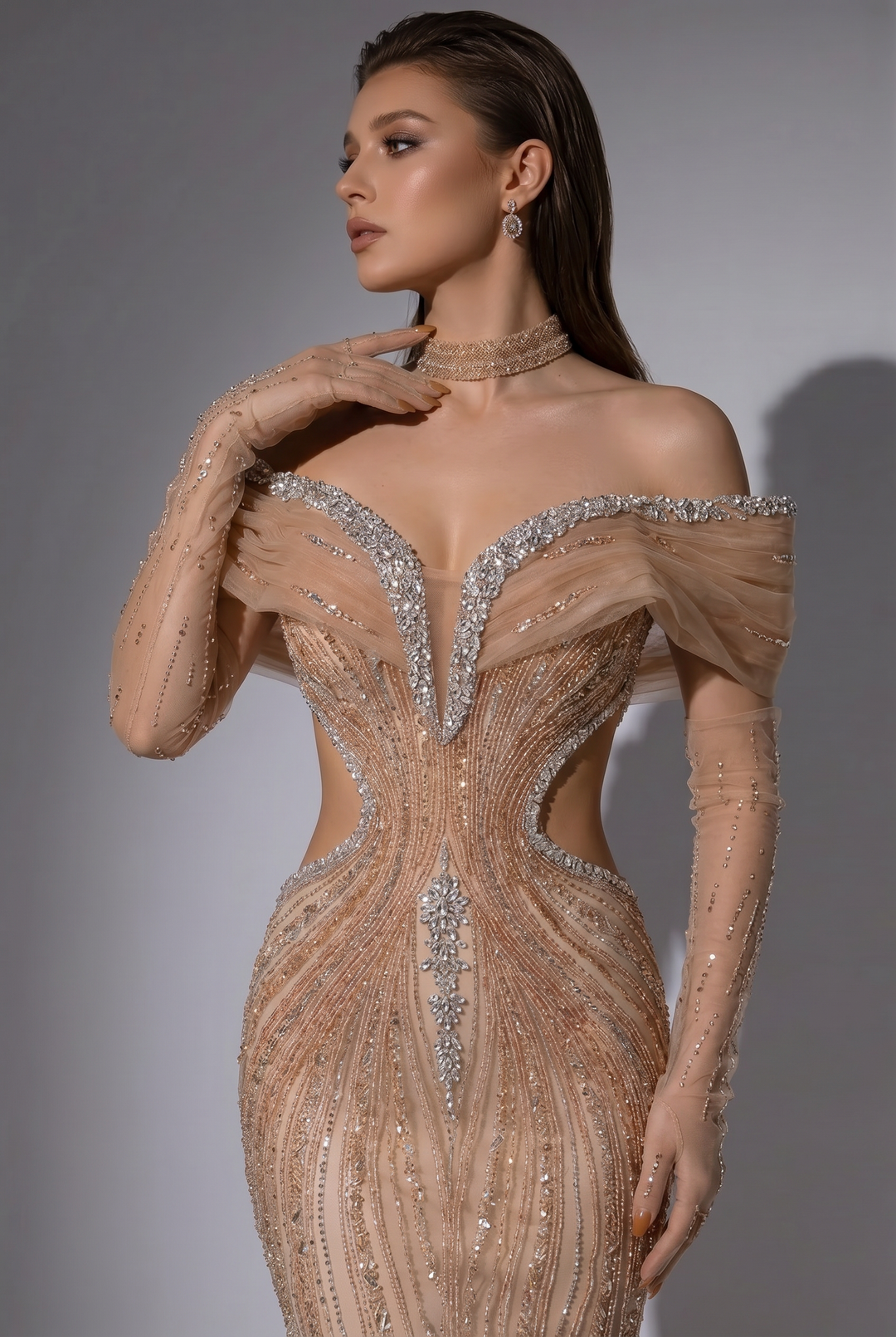 Champagne Gold Mermaid Evening Gown with Off-the-Shoulder Draped Neckline, Crystal Beading and Detachable Gloves Plus Size