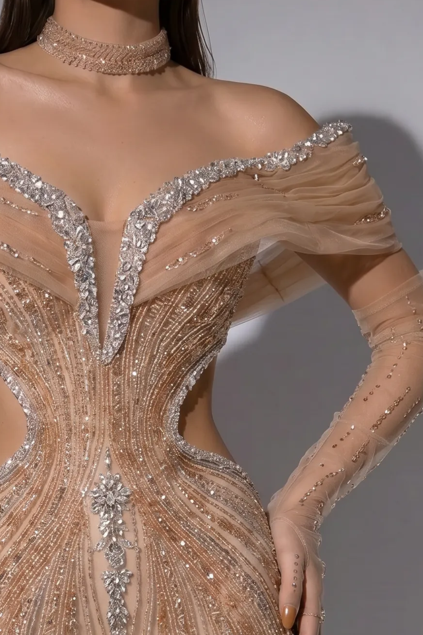 Champagne Gold Mermaid Evening Gown with Off-the-Shoulder Draped Neckline, Crystal Beading and Detachable Gloves Plus Size