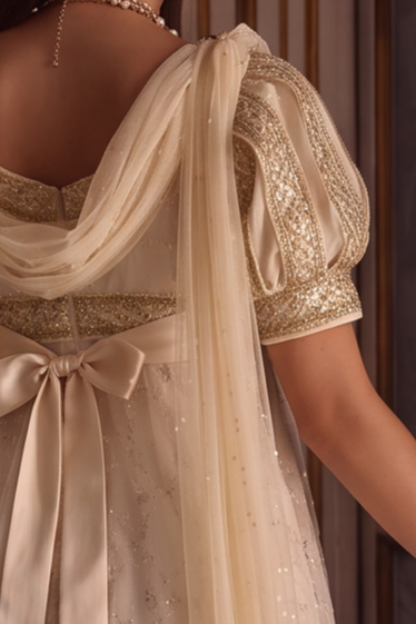 Champagne Ivory Regency Era Ball Gown with Gold Lace Trim, Puff Sleeves and Embellished Tulle Overlay Plus Size