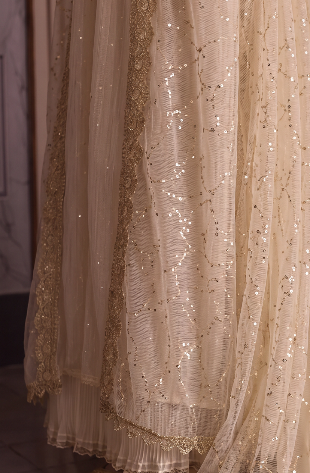 Champagne Ivory Regency Era Ball Gown with Gold Lace Trim, Puff Sleeves and Embellished Tulle Overlay Plus Size