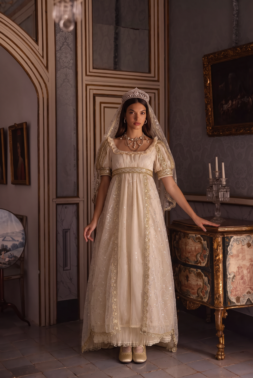 Champagne Ivory Regency Era Ball Gown with Gold Lace Trim, Puff Sleeves and Embellished Tulle Overlay Plus Size