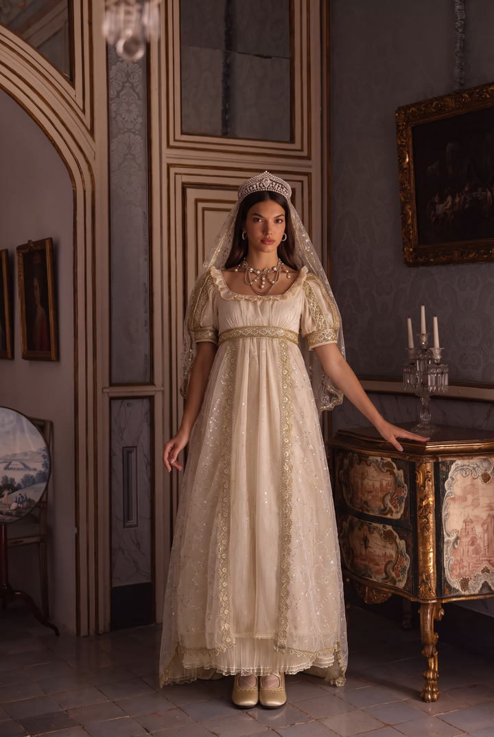 Champagne Ivory Regency Era Ball Gown with Gold Lace Trim, Puff Sleeves and Embellished Tulle Overlay Plus Size