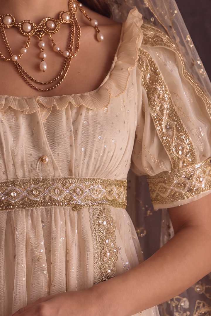 Champagne Ivory Regency Era Ball Gown with Gold Lace Trim, Puff Sleeves and Embellished Tulle Overlay Plus Size