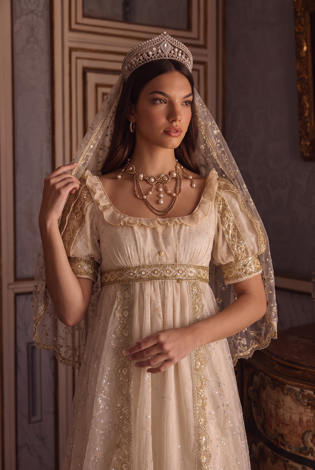 Champagne Ivory Regency Era Ball Gown with Gold Lace Trim, Puff Sleeves and Embellished Tulle Overlay Plus Size