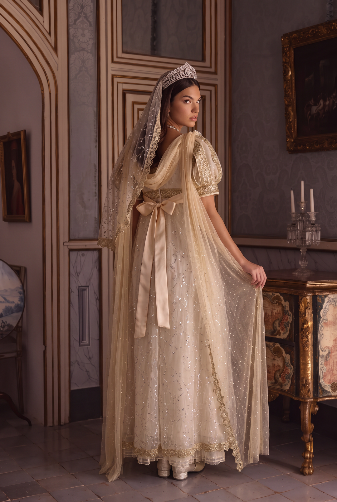 Champagne Ivory Regency Era Ball Gown with Gold Lace Trim, Puff Sleeves and Embellished Tulle Overlay Plus Size