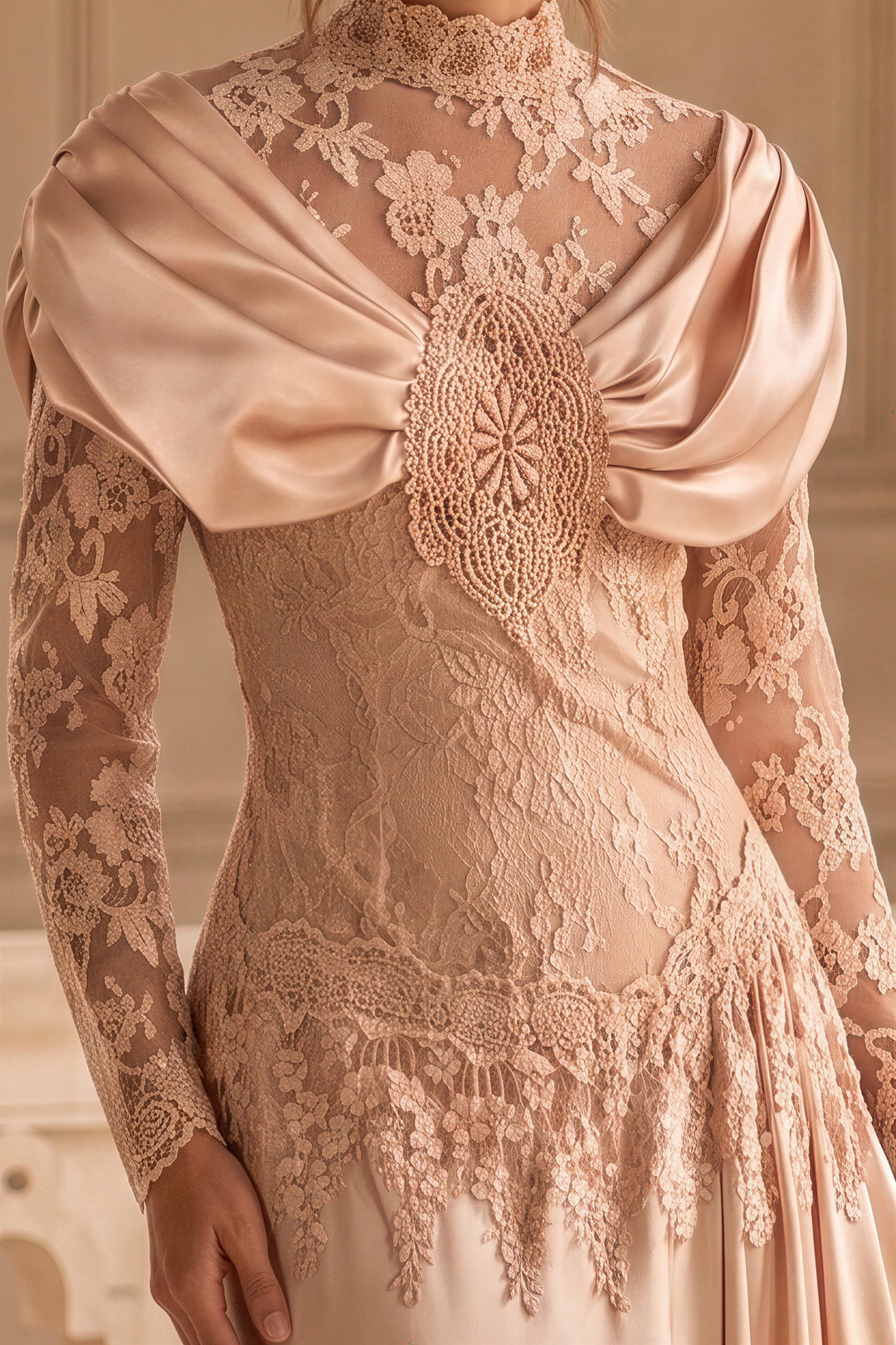 1920s Gatsby Lace Evening Dress – Champagne Long Sleeve Satin Gown with High Neck, Draped Sleeves and Vintage Lace Details Plus Size