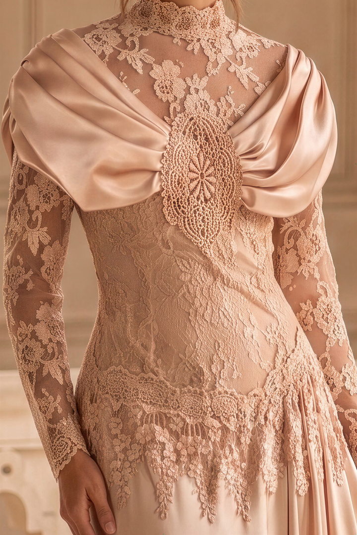 1920s Gatsby Lace Evening Dress – Champagne Long Sleeve Satin Gown with High Neck, Draped Sleeves and Vintage Lace Details Plus Size