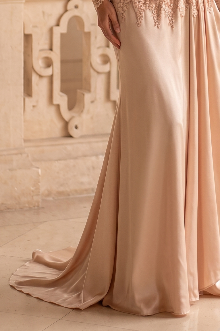 1920s Gatsby Lace Evening Dress – Champagne Long Sleeve Satin Gown with High Neck, Draped Sleeves and Vintage Lace Details Plus Size