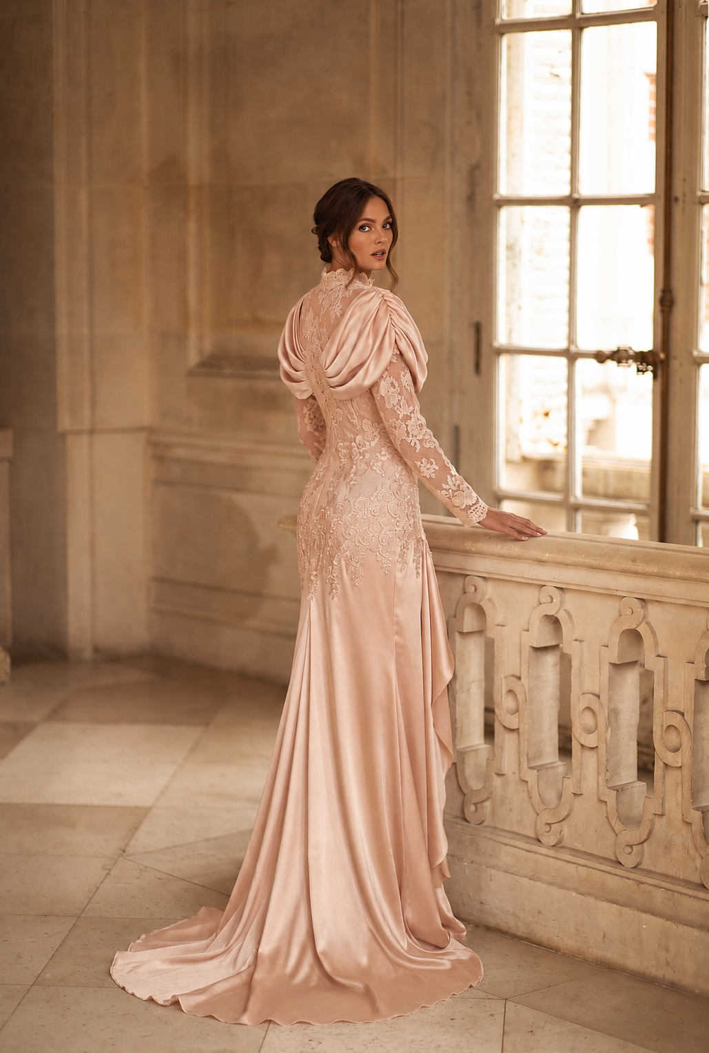 1920s Gatsby Lace Evening Dress – Champagne Long Sleeve Satin Gown with High Neck, Draped Sleeves and Vintage Lace Details Plus Size