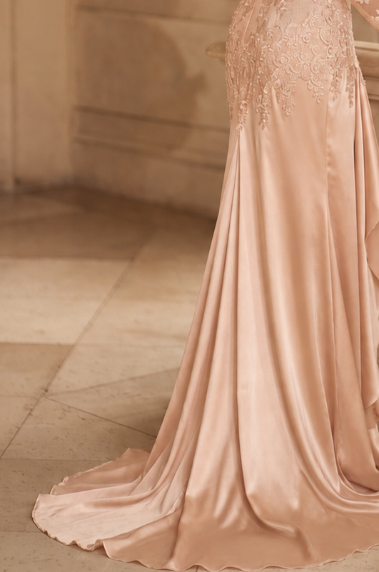 1920s Gatsby Lace Evening Dress – Champagne Long Sleeve Satin Gown with High Neck, Draped Sleeves and Vintage Lace Details Plus Size