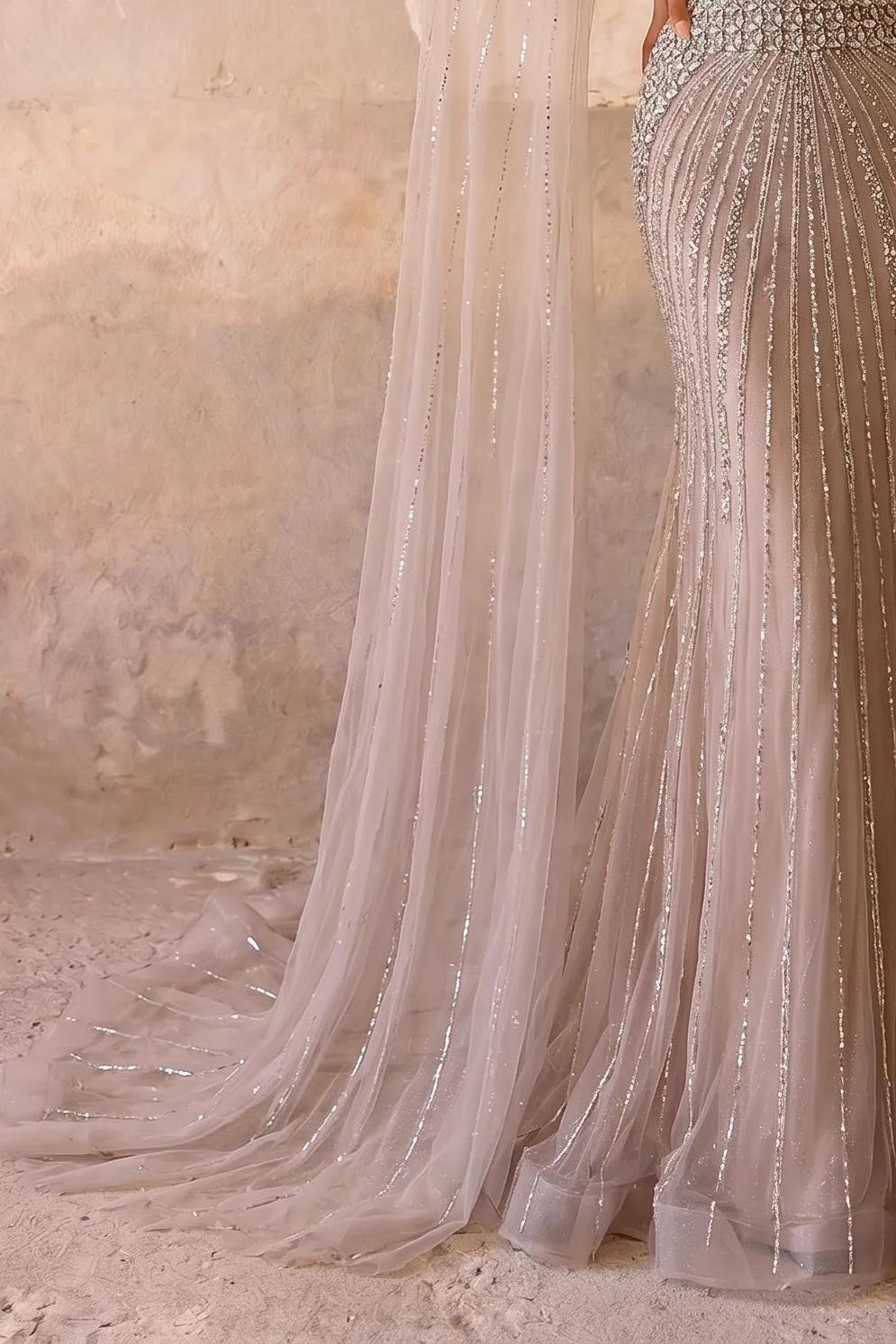 Champagne Mermaid Evening Gown with Beaded Cape Sleeves, Illusion Corset and Deep V Neckline – Luxury Formal Dress Plus Size