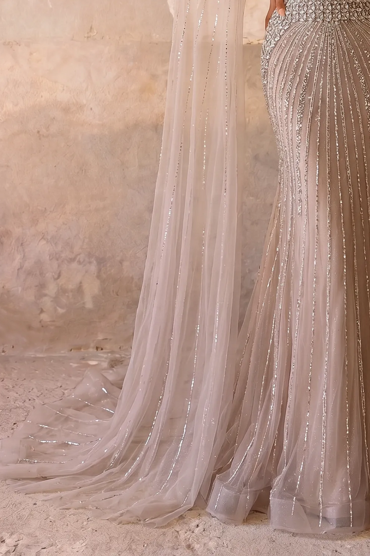 Champagne Mermaid Evening Gown with Beaded Cape Sleeves, Illusion Corset and Deep V Neckline – Luxury Formal Dress Plus Size