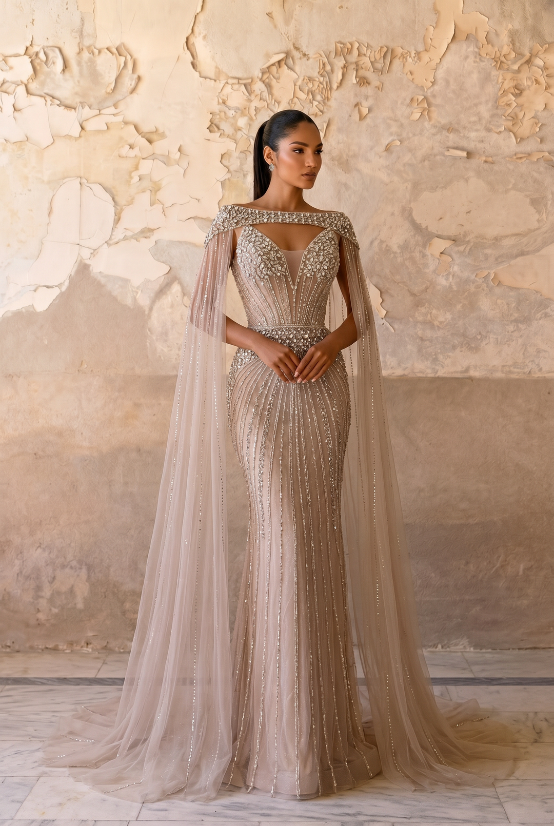 Champagne Mermaid Evening Gown with Beaded Cape Sleeves, Illusion Corset and Deep V Neckline – Luxury Formal Dress Plus Size